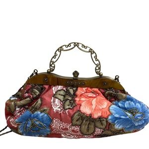 Vintage Floral Beaded Kiss Lock Clutch Evening Bag chain crossbody